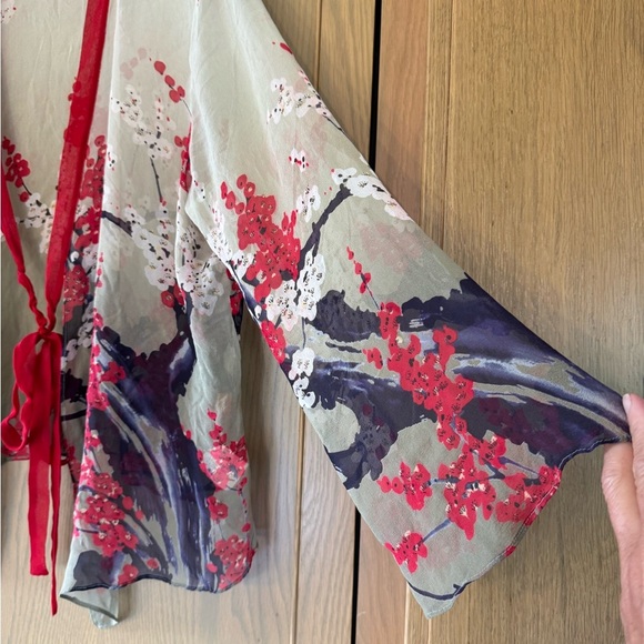 Vintage Silk Harari Floral Sheer Kimono Cardigan Tie Front / OSFM - Picture 2 of 10